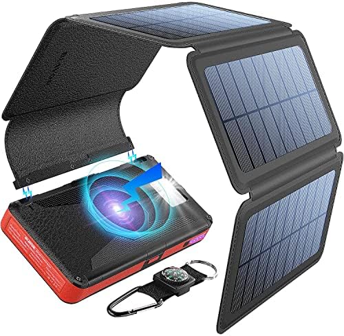 BLAVOR Solar Charger Five Panels Detachable, Qi Wireless Charger 20000mAh Portable Power Bank with Dual Output Type C Input Flashlight and Compass Kit (Red,20000mah)