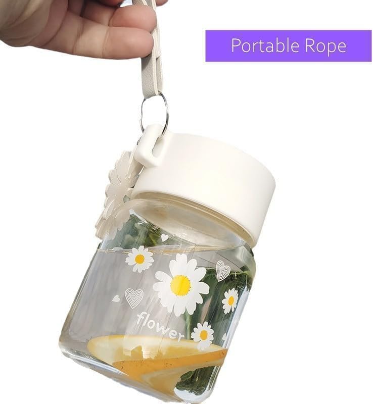 Image of Cute Flower Glass Water Bottle with Lid & Daisy Keychain | Frosted Aesthetic Reusable Milk Juice Coffee Bottle| Leak Proof Eco-Friendly Travel Cup for Girls & Women - 300ml