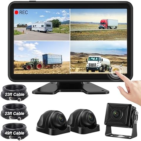 Losuudy Wired Backup Camera System with 10.1" Touch Monitor, 3 HD 1080P Rear View& Side View Cameras, 4 Split Screen, Night Vision, IP68 Waterproof Back up Camera for Truck/RV/Trailer/Bus/Tractor.. Cover