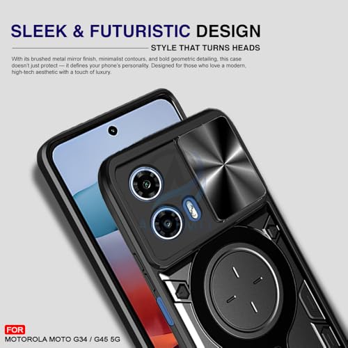 Image of AESTMO Armor Motorola Moto G34 / G45 5G Bumper Back Case Cover | Ring Holder & CD Pattern Sliding Camera Shutter Cover | Back Case Cover for Motorola Moto G34 / G45 5G (Black)