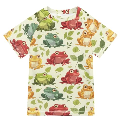 ALAZA Kids Rash Guard Girls Boys Toddler Swim Shirts Short Sleeve Frog in Red Yellow UPF 50+ 3T