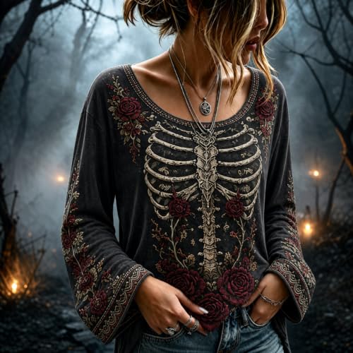 Womens Halloween Shirts Vintage Bell Sleeve Crew Neck Skeleton Top - image 2