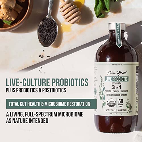 Flora Biome - Live Probiotic, Prebiotic & Postbiotic – Organic, Fermented Live-Culture – 10 Probiotic Strains, 19 Fermented Herbs, 50 Billion Cfu - Complete Gut Health & Microbiome Optimizer (16 Oz) #TOP1