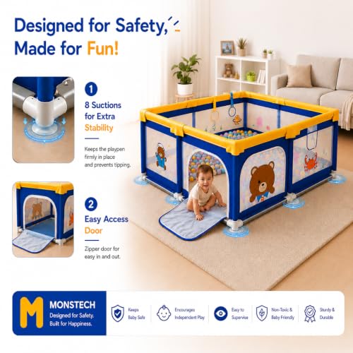 Image of MONSTECH Large Baby Playpen 150x180cm Pit Balls Playpen for Baby up to 5 Years with Anti-Fall Rings, Safety Lock, Breathable Mesh, Kids Activity Center Play Pen (Large-Blue)