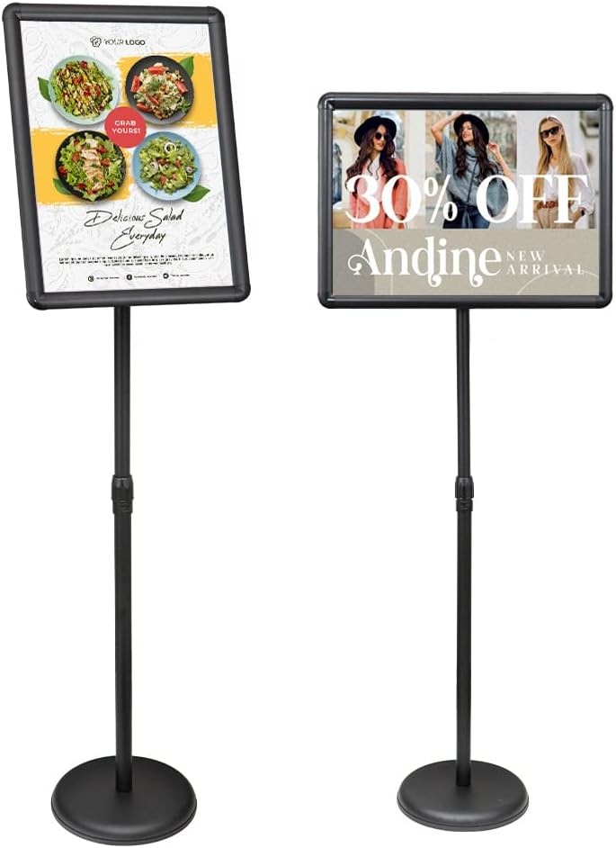 SCZS Adjustable Pedestal Sign Holder Stand Floor Sign Stand, Poster Stand Aluminum Snap Open Frame for 11x17 Inches with Heavy Round Base, Both Vertical and Horizontal Sign Displayed