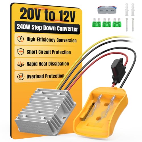 Haseed 20V to 12V Step Down Converter Compatible with DeWalt 20V Battery, DC Voltage Regulator 12V 20A 240W Automatic Buck Converter with 30A Fuse & Wire Terminal