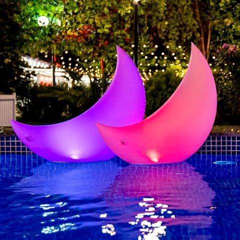 TIALLY Floating Pool Lights Solar Powered - 24" Crescent Moon Floating Lights - Inflatable Floating Solar Pool Lights for Swimming Pool, LED Pool Lights for Weddings, Pool Party Decor (2 Pack) Cover