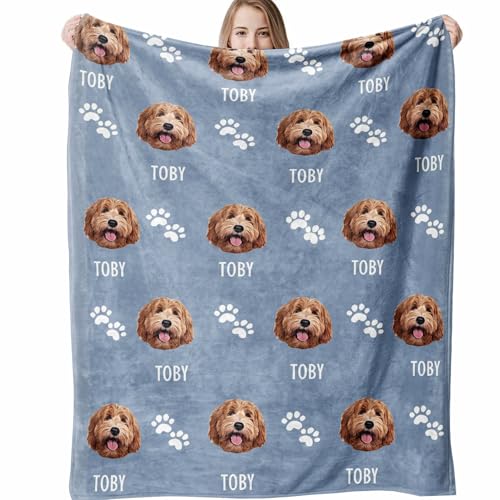 Custom Blanket with Dogs Pictures & Name Personalized Funny Dog Face Throw Blankets Soft Warm Plush Fleece Customized Blanket for Couch Bed Sofa Gifts for Dog Dad Mom Birthday Christmas