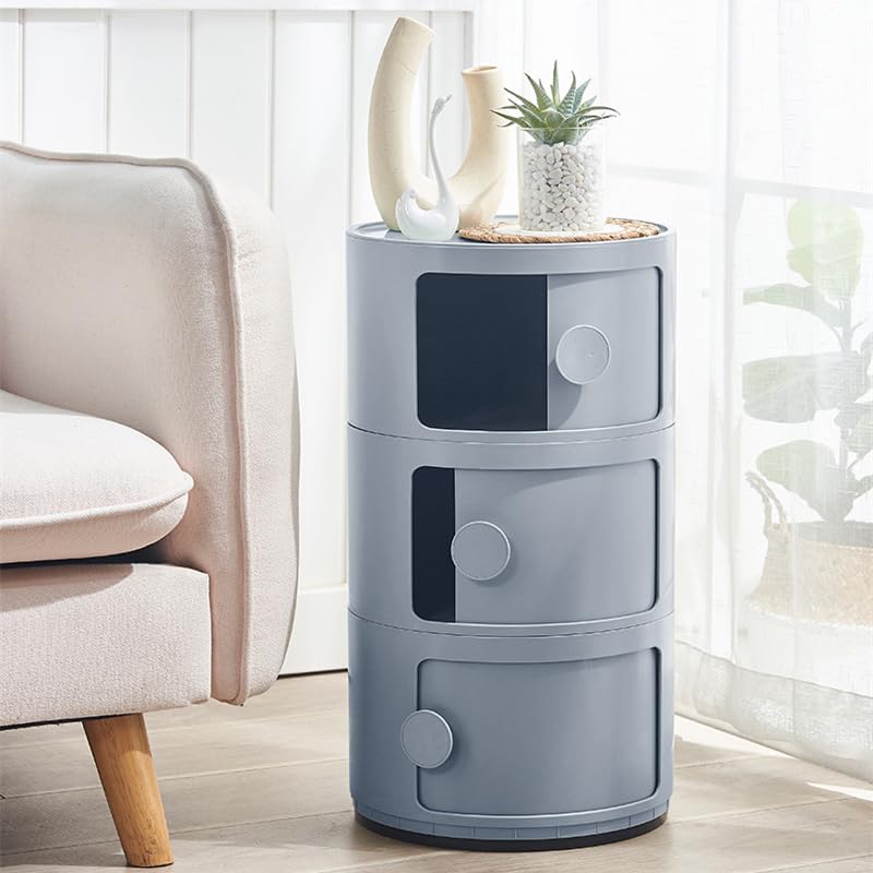 BTGGG Round Bedside Table Bedside Drawers 3 Tier 32x32x58cm,Grey