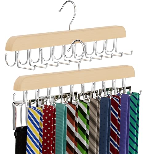 Belt Tie Hanger 20 Hooks 2 in 1 Hanger for Closet Max 30 Belts with 30 Ties Capacity, Tie Racks Wooden Hanger for Closet Organizer Storage “U” Fit for Belt and “一” Fit for Tie (1, Wood)