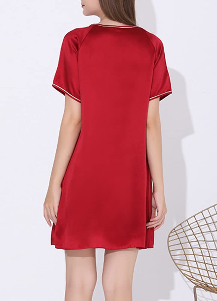 Valin Mujer Rojo Oscuro Simple 100% Seda Pijama Vestido Camisón Camisón Manga Corta 19 Momme Pijama de Seda L,S5684