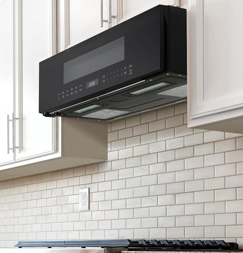 Image of GE Profile 30 inch Over-the-Range Low Profile Microwave, 1.2 Cu. Ft., 1000 Watts, 400 CFM Hood Vent, LED Lighting, Auto Defrost, Installer-Friendly, Black, UVM9125DYBB