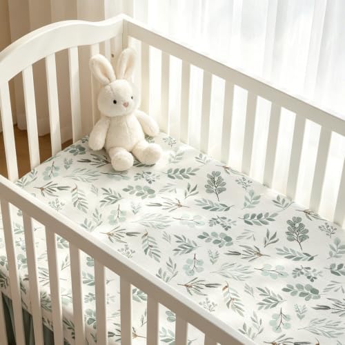Image of Organic Cotton Muslin Baby Crib Bedding Set 3 Piece Soft for Infant Newborn Toddler Boys Girls 52 inchx28 inch, Nursery Bed Quilt Set Decor with Fitted Crib Sheet, Leaves Quilted Comforter Blanket, Bed Skirt