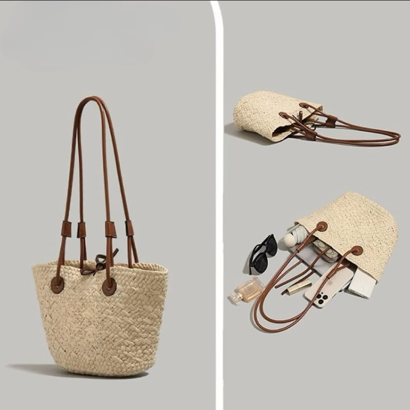 Image of Small Straw Basket Handbag for Women PU Leather handle Handmade Woven Summer Beach Shoulder Bag