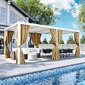 COSIEST 10'X20' Aluminum Louvered Pergola, All-Weather Adjustable Roof with Mosquito-Proof & UV Protection Netting Privacy Curtains for Deck, Backyard, Garden Outdoor Living Space (White)