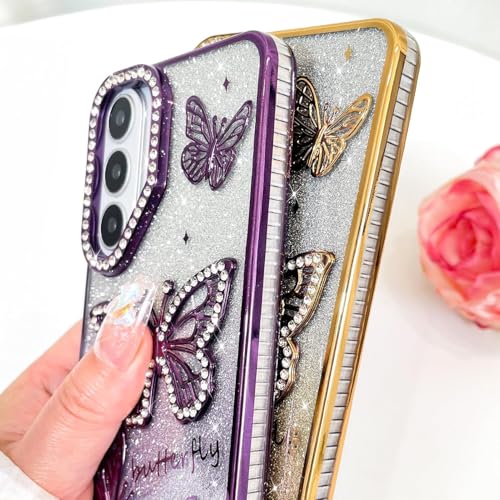 Image of Elzzi Electroplated Butterfly Phone Cover for Samsung S26 Plus Case, Showcasing Pearlescent Diamond Soft TPU, Camera Protection, Shockproof, Dropresistant Stylish for Girls & Women (Gold)