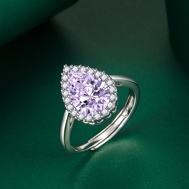 Anillos de Compromiso de Plata 925 Super Flash Grandes en Forma de lágrima para Mujer, Anillo Abierto de Amatista, Anillos de Promesa de circonita cúbica en Forma de Pera para Ella