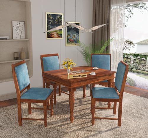 Image of MoonWooden Solid Sheesham 5-Piece Wooden Dining Set with Carved Back Chairs, Sheesham Wood Table and 4 Sky Blue Cushioned Chairs, Natural Finish