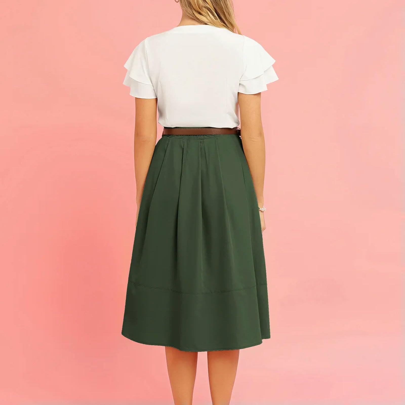 Gonna Midi con Tasche da Donna, Gonna Elasticizzata con Orlo a Pieghe a Vita Alta con Cintura, Elegante da Donna-Army Green-XL