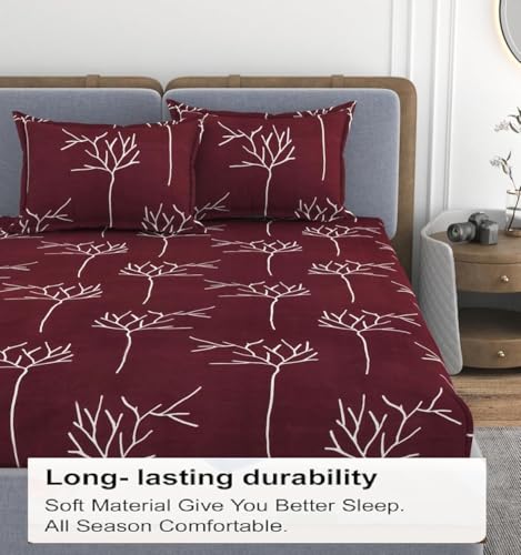 Image of 200 TC Cotton Feel All Around Elastic Fitted Bedsheet, Elastic Fitted Bedsheet King Size Bedsheet for Double Bed with 2 Pillow Covers, Size - 72 x 78 x 8 Inch Color Wine