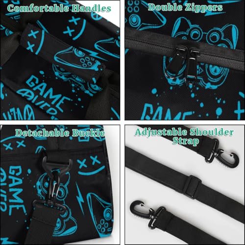 Kids Overnighter Duffel Bags for Boys Girls, Blue Game Joysticks Carry-On Size Sports Gym Bag for School Practice or Overnight Travel Weekender Sleepover Workout Tote Bag4