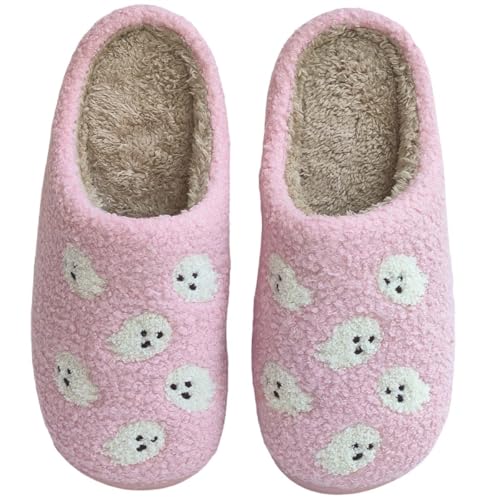 Aucomfo Halloween Slippers Skull Scream Slippers For Women Men,Pumpkin Ghostface Comfy Fuzzy Bedroom Slippers,Ladies Home Memory Foam Slippers for winter Indoor Outedoor,Pink 43-44