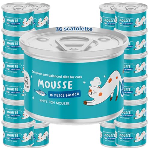 Mousse de pescado blanco | Comida húmeda para gatos adultos | Alimento completo gourmet | Sin cereales | con aceite de salmón omega 3 y vitaminas | 36 x 85 g | Made in Italy | Hygge Cat
