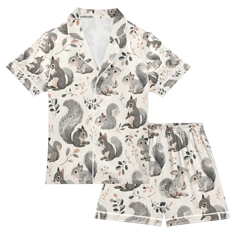 senya Cute Squirrel Grey Satin Summer Pajama Sets Silk Short Sleeve Button Down Sleepwear