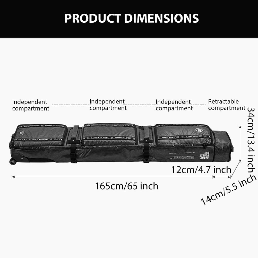 Snowboard Bag with Wheels Waterproof Roller Ski Bags Snowboard Bag for Air Travel Adjustable Length Up to 174 Cm for Boots, Gloves, Skis & Accessories
