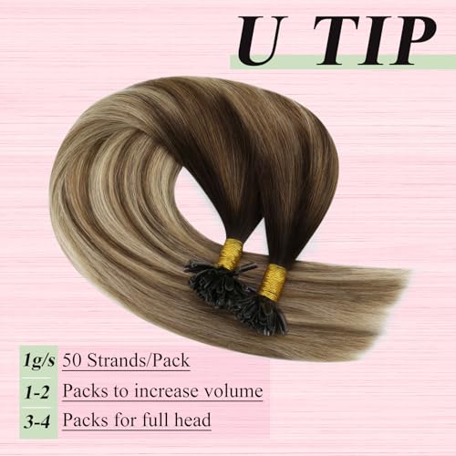 Image of YoungSee U Tip Hair Extensions Human Hair Ombre Dark Brown to Brown with Blonde K Tip Human Hair Extensions Balayage Keratin Hair Extension Real Human Hair Blonde Hair Extensions Utip 24In 1G /S 50G