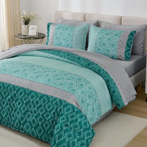 Dinjoy Queen Comforter Set Boho, Soft Teal Striped 7 Piece