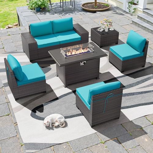Image of 7 PCS Outdoor Patio Furniture Set,Outdoor Sectional Furniture with 43 inch 55000 BTU Gas Propane Fire Pit Table,All Weather PE Rattan Wicker Patio Conversation Set,Turquoise Blue