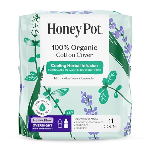 Image of The Honey Pot Company - Herbal Sanitary Pads for Women - Heavy Flow Overnight w/Wings - Infused w/Essential Oils for Cooling Effect & Organic Cotton Cover - Feminine Care - 11 ct