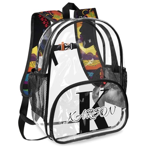 Personalized African American Women Small Clear Backpack Stadium Approved Heavy Duty PVC Plastic Custom Transparent Backpacks See Through Bag with Name2
