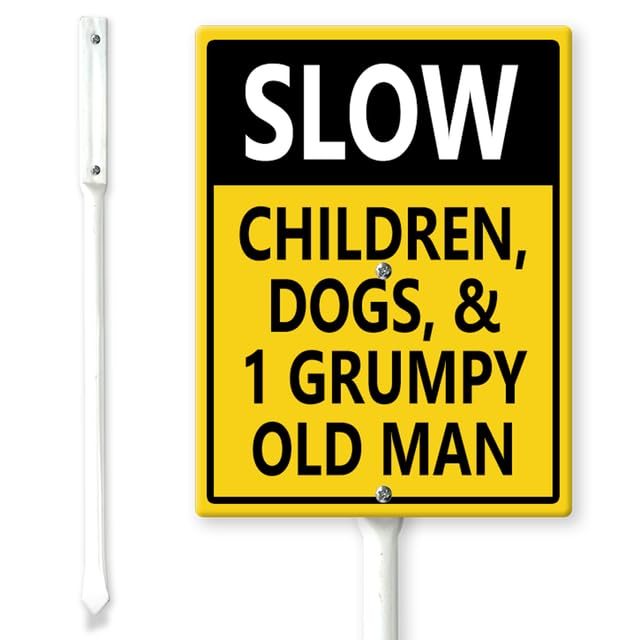 Horienteeon Slow Down, Children, Dogs, & 1 Grumpy Old Man Yard Sign with Stakes 20×30cm, Sturdy Aluminum Yard Signs Rust Free, Weatherproof Outdoor Signs for Yard Dusty Roads Rural Dirt