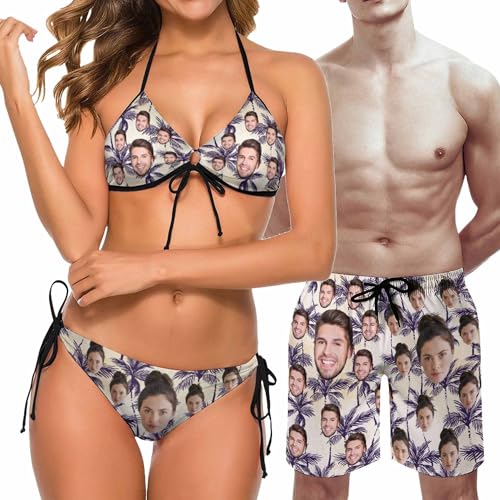 Custom Face Matching Swimsuits for Couples Personalized Bathing Suits& Men's Swim Trunks Beach Shorts with Face