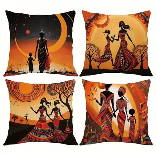 Lituor Fundas de Cojín 35x35cm,Juego de 4 Fundas Cojines al Aire Libre,Lino cojín Decorativo,Mujeres de etnia Africana Fundas de cojín Cuadradas Modernas para Sofá, Cama, Oficina,Hogar Decor