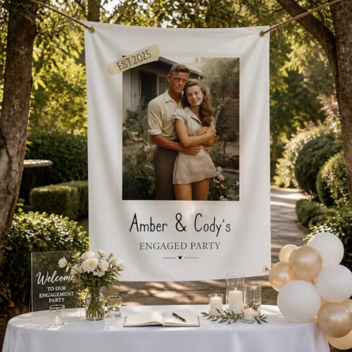 Personalized Engaged Party Banner Backdrop Custom Couple Names Date Photo Rustic Outdoor Engagement Party Decorations Photo Backdrop Bridal Shower Wedding Sign Decor Keepsake Wall Hanging Art