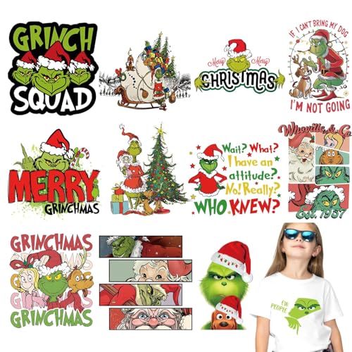 12 Sheets Christmas Iron on Patches Decals Xmas Green Monster Designs Heat Transfer Stickers Merry Christmas Vinyl Stickers Cartoon Iron on Appliques for Clothing T-Shirt Clothes DIY Decorations