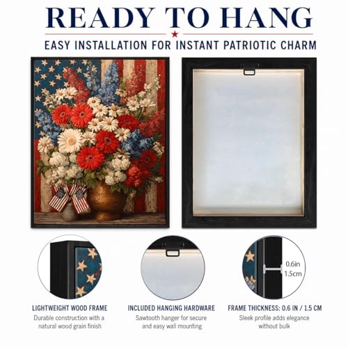 Image of American Flag Framed Canvas Wall Art, 4th of July Floral Canvas Prints, Wildflower Landscape Patriotic Decorations, Vintage Rustic Independence Day Wall Decor for Bedroom Living Room Office 20x24