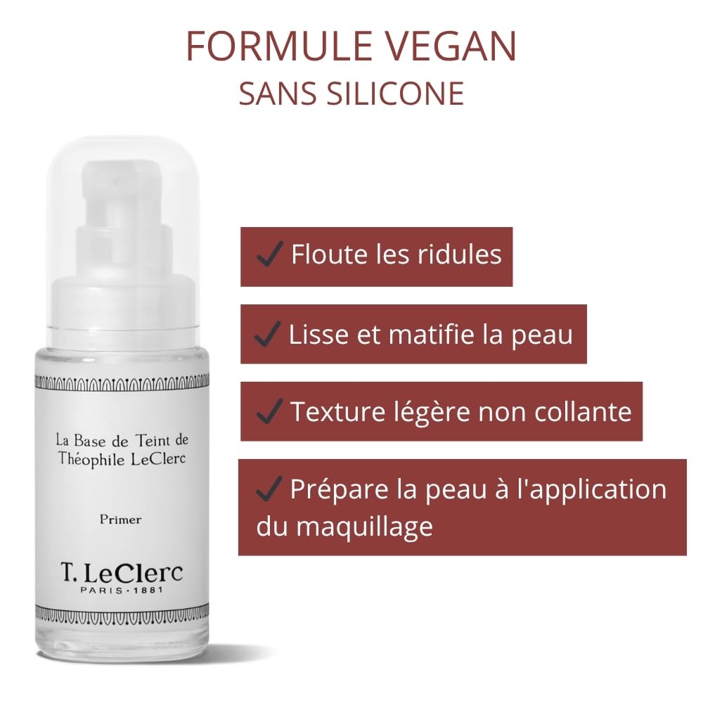 T.LeClerc Base de Teint Matifiante Longue Tenue 30 ml – Primer - Lisse le grain de peau, floute les pores, sans silicone – Fini mat naturel & hydratation – Tous types de peau - Fabriqué en France