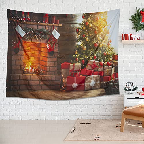 Qiyi Christmas Tapestry Wall Hanging Xmas Tree Stove Decorative Backdrop Blanket Large Aesthetic Tapestries Bedroom Décor Stockings Gifts Festive Tapestry - 90" L X 71" W, Christmas Fireplace Presents #TOP27
