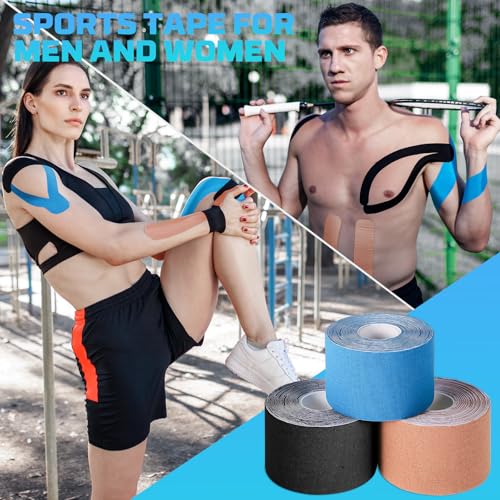 Image of 3 Rolls Kinesiology Tape, 3 Color 2 Inch x 16.4 Feet Uncut Sports Tape with Scissors, Elastic Athletic Tape Waterproof Knees Tape for Ankle Wrists Shoulders Muscle Exercise and Daily Use