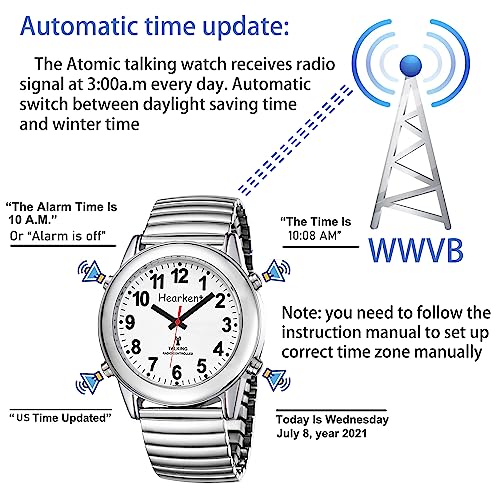 Hearkent Atomic American English Talking Watch Speaks Clear And Loud Time, Date And Alarm Time Stretch Band Is Best Gift For Senior,Visually Impaired, Or Blind People(Silver) #TOP1