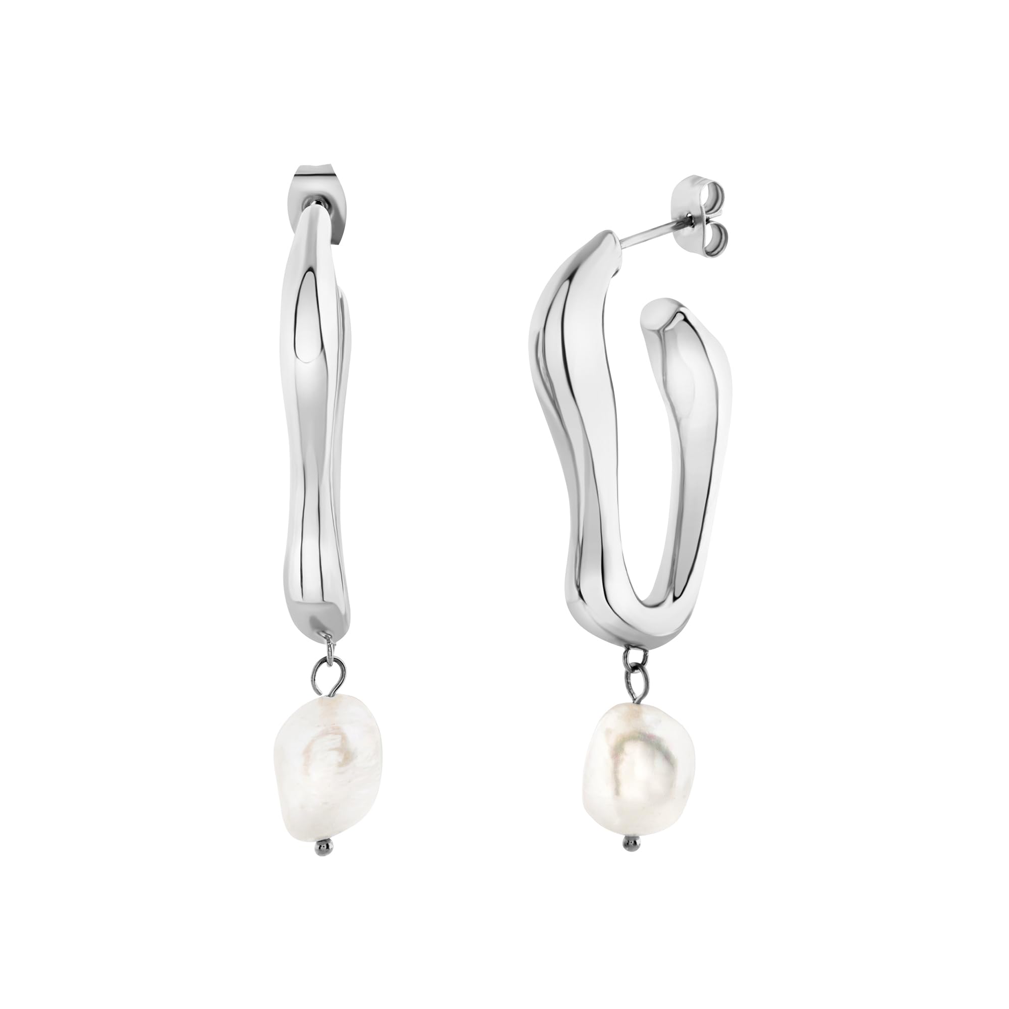 Breil, Collezione Alchemy, Orecchini Donna, Orecchini in Acciaio Lucido Silver con Pendente Perla d’Acqua Dolce, Forma Fluida, Chiusura a Farfalla, Dimensioni 45×19 mm, Idea Regalo Donna