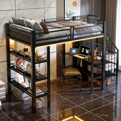 Cama entresuelo de 90 x 200 cm de hierro forjado negro con espacio de almacenamiento: estante integrado, armario y biblioteca, barra LED y enchufe (sin colchón)