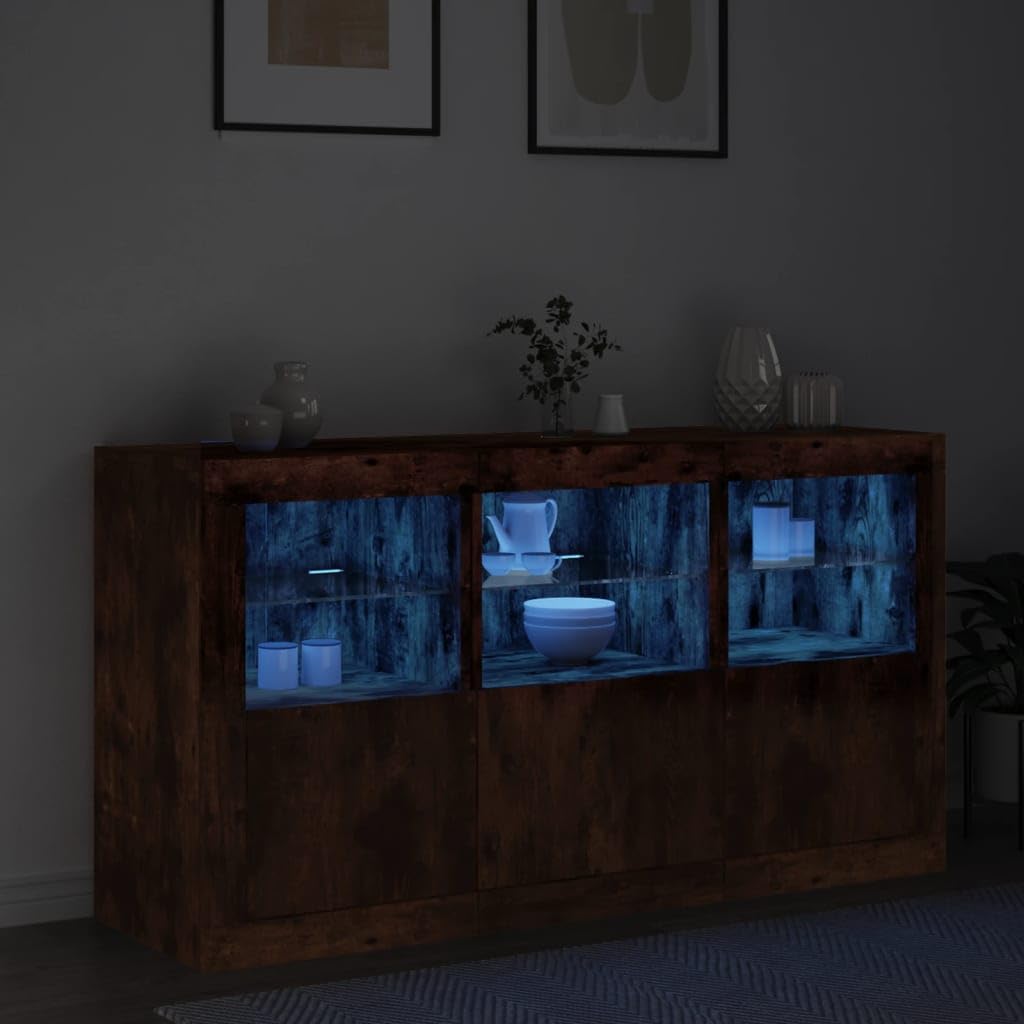 Rantry Credenza con Luci LED Rovere Fumo 123x37x67 cm, Credenza Armadio, Armadietto da Pavimento per Bagno, Mobili Ufficio, Mobiletto Portaoggetti Ripiani Salvaspazio Mobiletto Armadio di Stoccaggio L