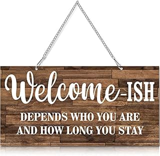 Funny Farmhouse Welcome Sign Welcome-ish Front Door Sign 12 x 6 Inch Welcome Wall Decor Metal Sign Elegant Hanging Porch Decor Rustic Kitchen Door Decor (White Words with Brown Base)