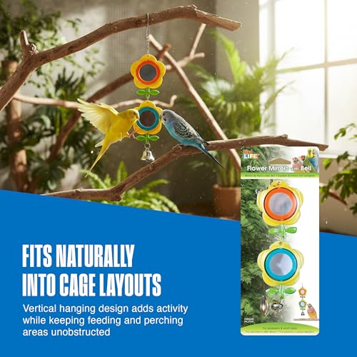 Image of Penn-Plax Bird Life Two Flower Mirror with Bell - Interactive Bird Toy with Spinning Floral Mirrors & Hanging Bell - Colorful Cage Accessory for Parakeets & Finches, Easy to Install - 3.75x1x9.2 in