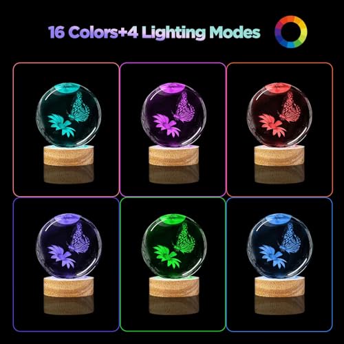 Image of 3D Butterfly Crystal Ball Night Light with 16 Colors and 4 Modes, Upgraded K9 Crystal, 3.15 Inch Butterfly and Flower Figurines, Remote Control, Gift Box